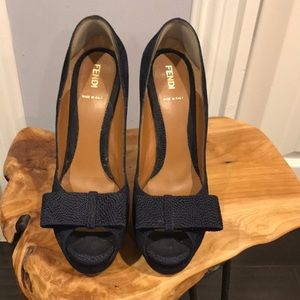 FENDI PEEP TOE BOW SHOES PIN UP SEXY BLUE SUEDE